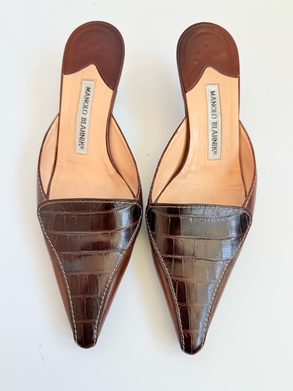 Vintage Manolo Blahnik Brown Croc Embossed Leather Mule Kitten Heels EU 38.5 - Picture 2 of 7